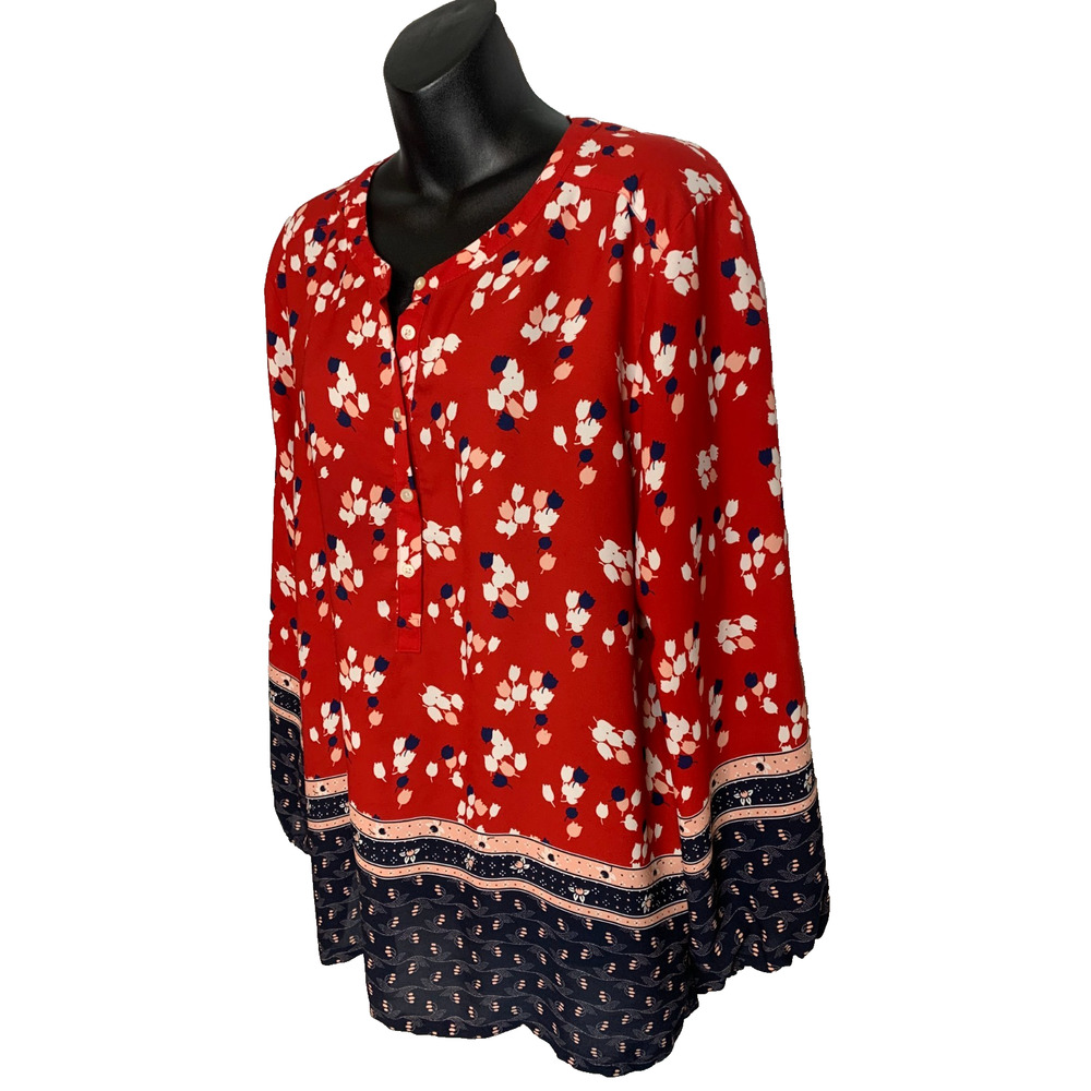 Loft Outlet Women's XL Long Sleeve Red Floral Print Blouse & Navy - Picture 3 of 8